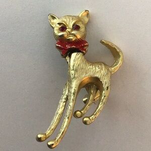 Lovely 1950’s Vintage Cat Brooch Pin Moving Head Red Ruby Style Eyes